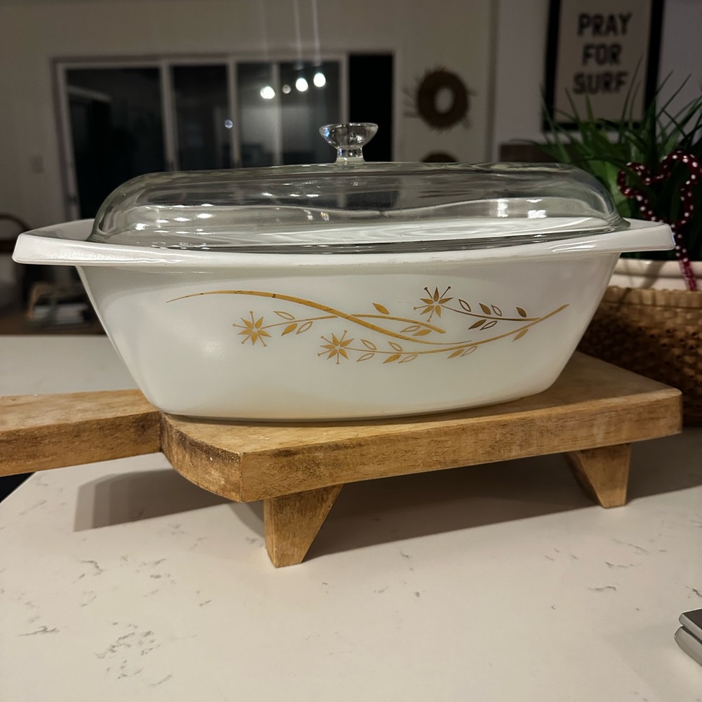 Glass Lid White Casserole Dish with Gold Floral Design